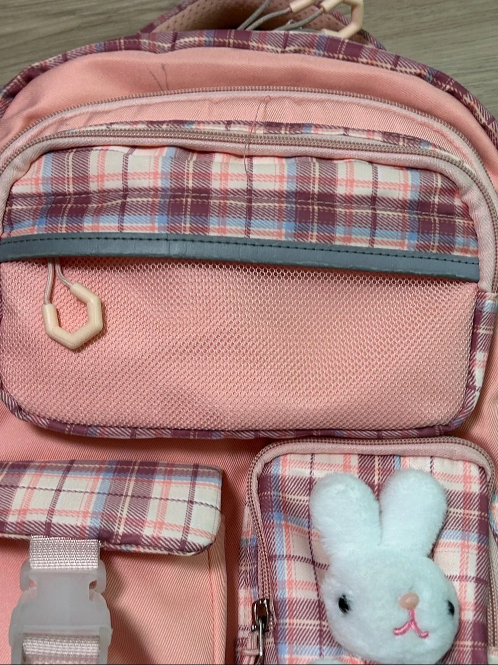 Kids Plaid School Backpack with Bunny Charm-Girls Bunny Backpack with lunchbox